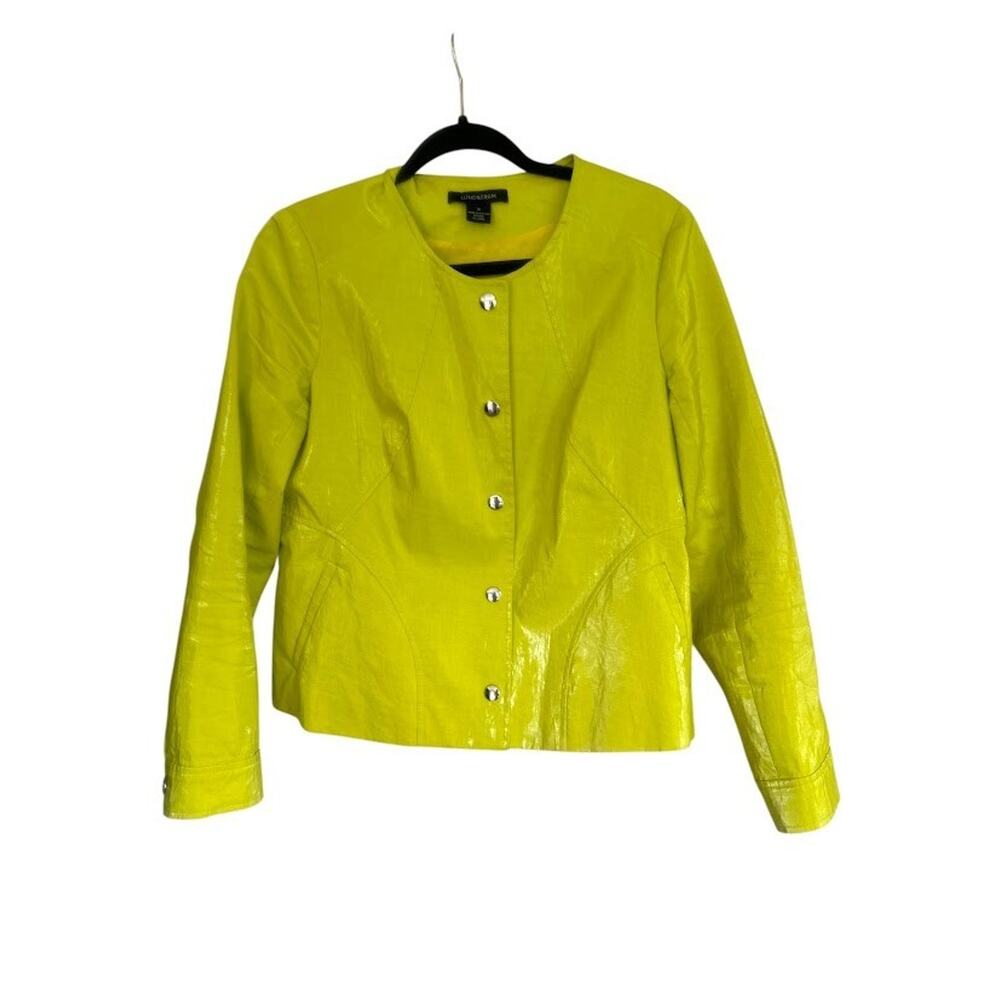 Lundstrom Jacket Womens 10 Waxed Linen Bright Yellow Pockets Snap Front Modernโ